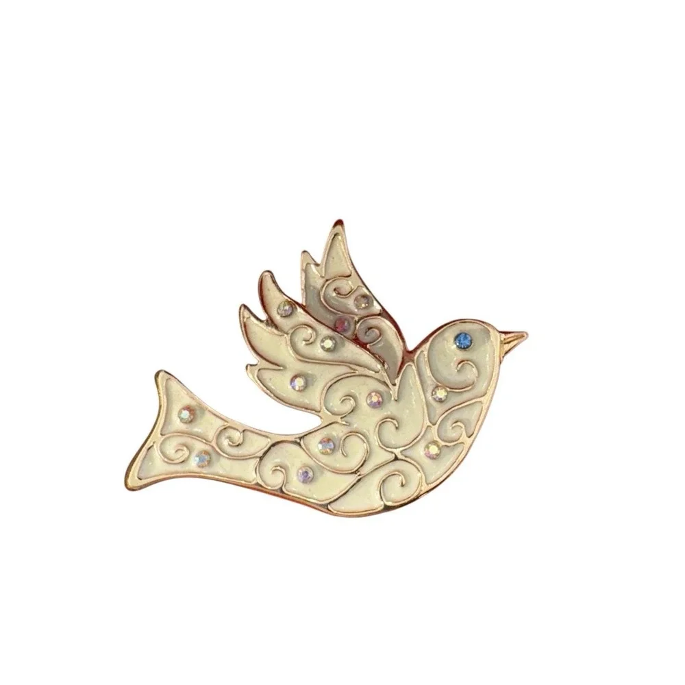 Vintage Silver Tone Enamel‎ Aurora Borealis Rhinestone Dove Bird Brooch Pin